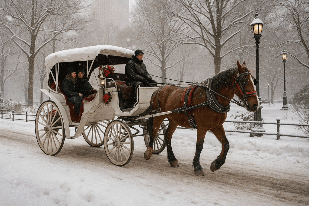 Horse-drawn carriage with passengers and driver riding through a snowy park with leafless trees and lit street lamps in the background.