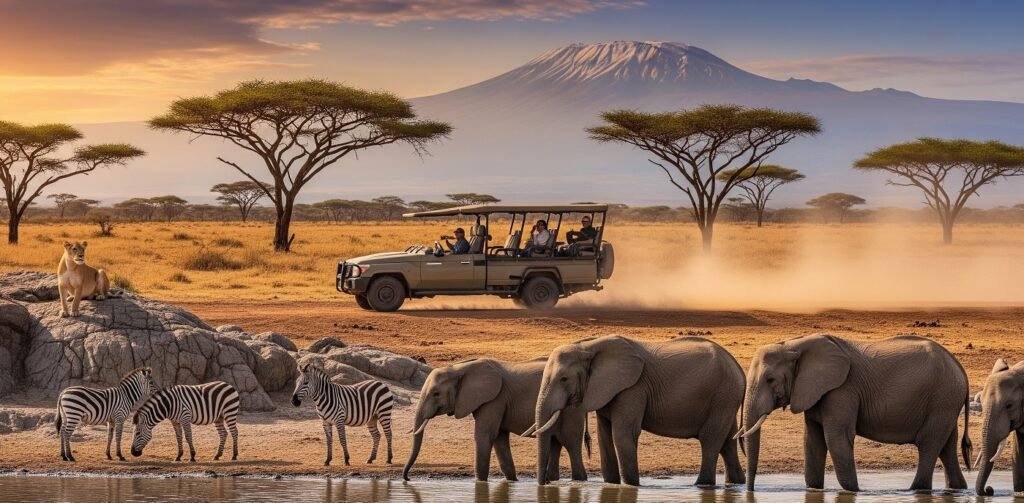 Safari vehicle with people driving through an African savannah landscape featuring Mount Kilimanjaro in the background, zebras drinking from a waterhole, elephants standing near the water, and a lion perched on rocks under acacia trees during sunset.