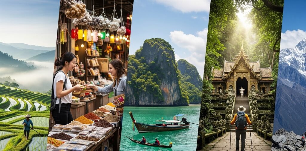Collage of five images showing a farmer working in terraced rice fields, two women exchanging goods at a vibrant market, traditional longtail boats on turquoise water with limestone cliffs, a person hiking towards an ornate temple in a forest, and hikers near snowy mountains.