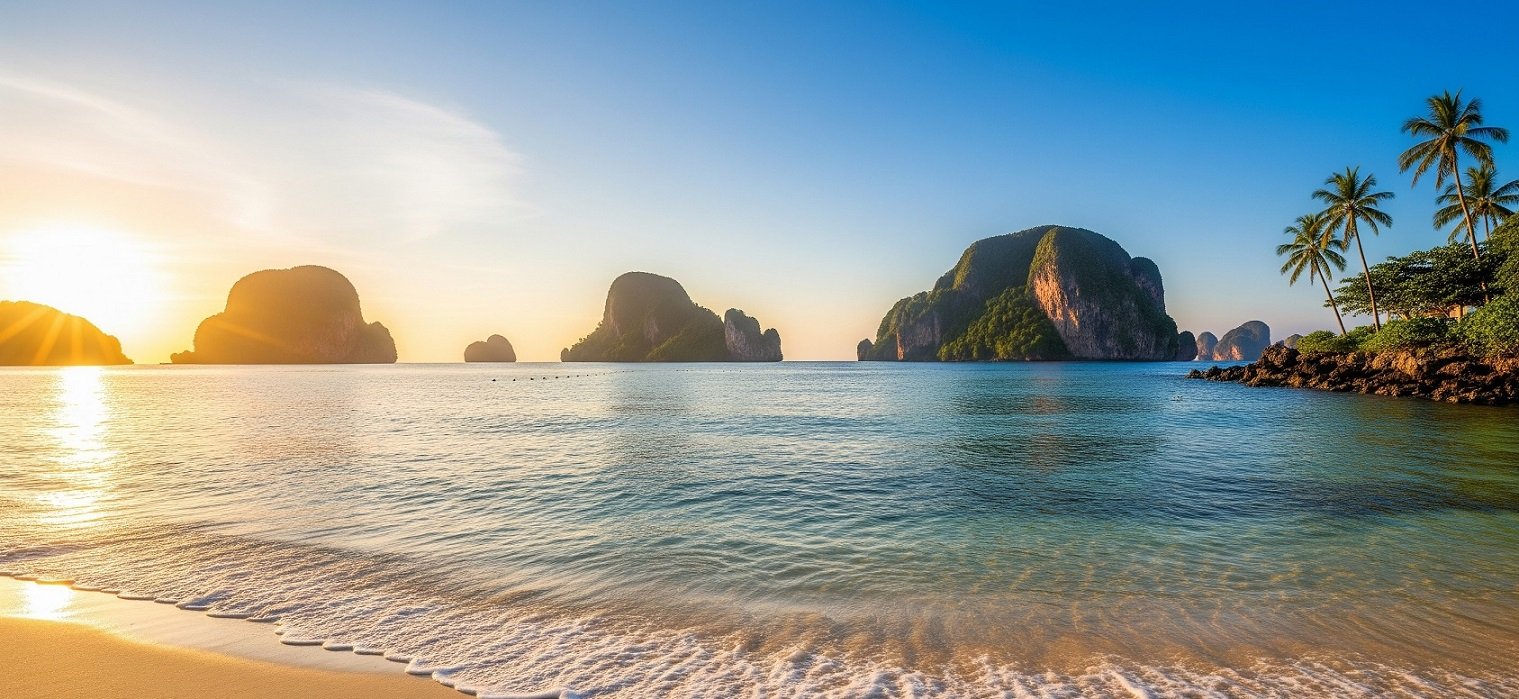 Sunset over a tropical beach with gentle waves, limestone islands in the distance, and palm trees on the rocky shore to the right.
