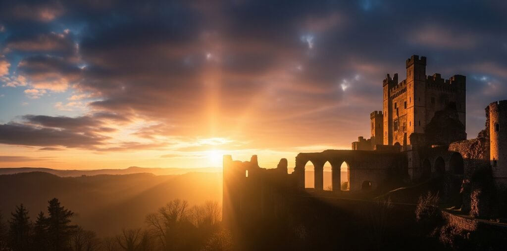 Sunset casting golden light over a medieval castle perched on a hill with silhouetted trees and distant mountains under a partly cloudy sky