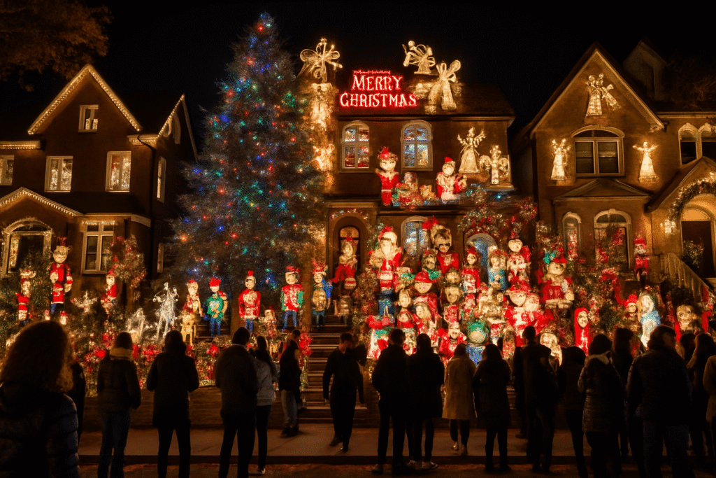 Crowd of people gathered at night in front of a house decorated with a large illuminated Christmas tree, numerous colorful nutcracker figures, lighted angels, and a glowing sign that reads Merry Christmas