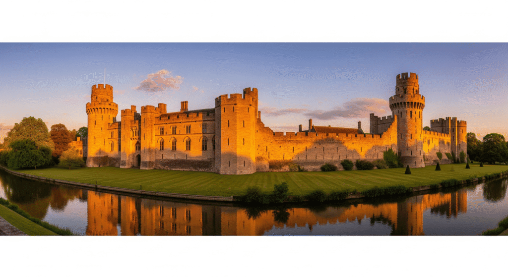 Wide panoramic view of a historic stone castle with multiple towers and battlements, illuminated by golden sunset light, surrounded by a reflective moat and green lawns with trees in the background