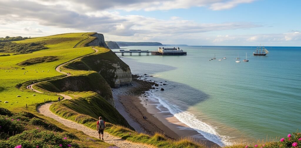 Cliffside coastal path with green grassy hills and people walking, overlooking a sandy beach and calm sea with a pier extending into the water and several boats, including a tall ship with sails, under a partly cloudy sky