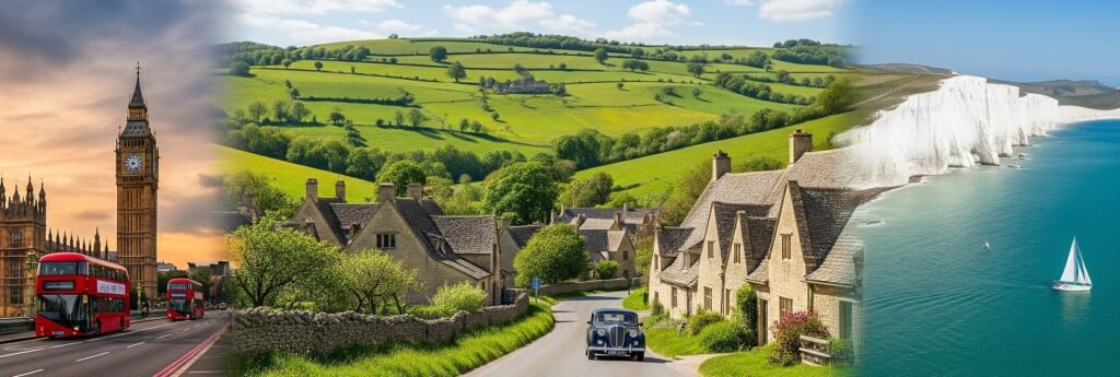 Composite image showing three iconic English scenes: the Big Ben clock tower with red double-decker buses in London at sunset, a classic village road with stone cottages and rolling green hills in the countryside, and the white chalk cliffs along a tranquil blue coastline with a sailboat on the water.