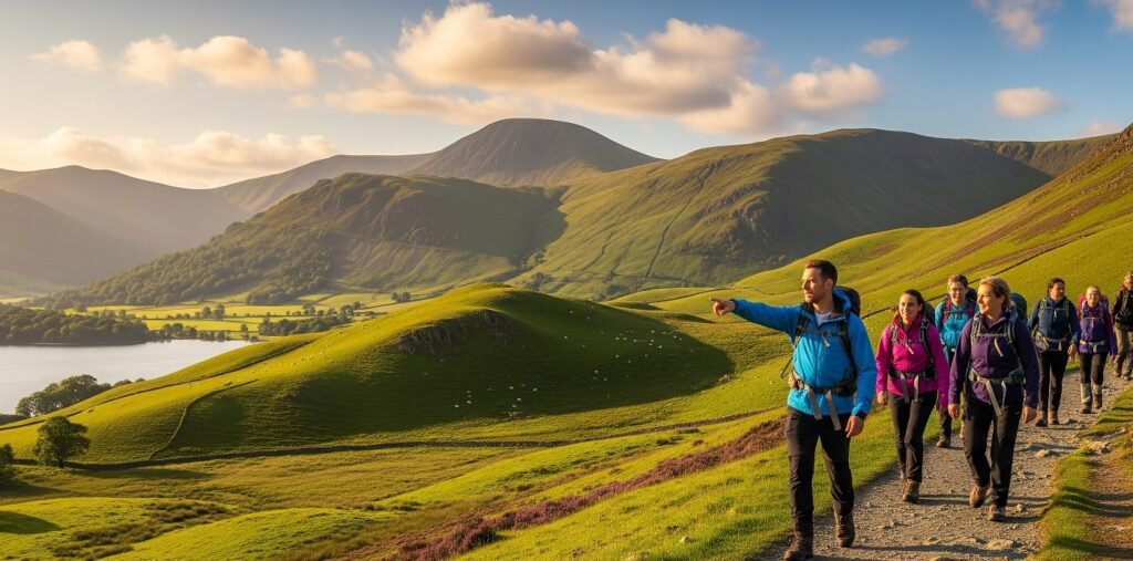 Group of hikers walking on a trail through green rolling hills with mountains and a lake in the background under a partly cloudy sky during golden hour.