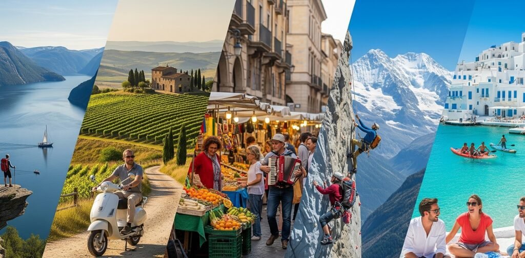 Collage of six scenic images including a person standing on a cliff overlooking a river with a sailboat, a man riding a scooter through vineyard-covered hills, a lively street market with stalls and a man playing an accordion, two people rock climbing a steep mountain with snowy peaks in the background, and a group of friends sitting by turquoise water near white buildings with boats and paddleboards on the water.
