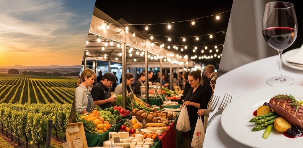 Collage of three images showing a vineyard at sunset, a bustling farmers market with fresh produce and buyers under string lights at night, and a gourmet plated meal with meat, asparagus, potatoes, and a glass of red wine on a table.