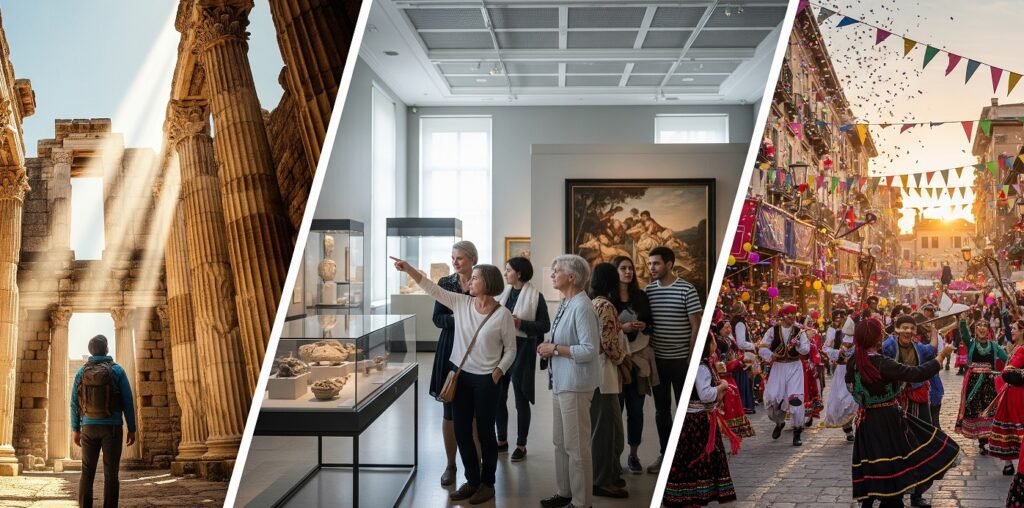 Three scenes side by side showing historical and cultural experiences: a person standing among ancient stone columns with sunlight streaming through, a group of people observing artifacts and paintings in a museum, and a lively street festival with people in traditional colourful clothing dancing under hanging bunting and confetti at sunset.
