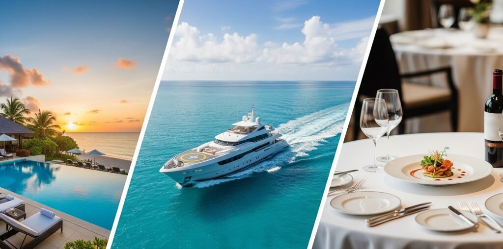 Collage of three images showing a resort pool at sunset with lounge chairs, a luxury yacht sailing on clear blue ocean water under partly cloudy sky, and a fine dining table setting with a plated gourmet meal and a bottle of red wine.