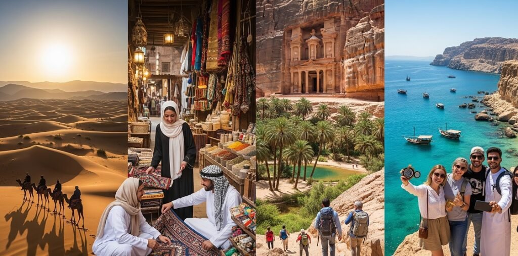 Four images showing Middle Eastern travel experiences: camel riders crossing desert dunes at sunset, people shopping for carpets and spices in a traditional market, tourists hiking near the ancient carved rock facade of Petra surrounded by palm trees, and a group of friends taking a selfie by clear blue sea with boats and rocky cliffs in the background.