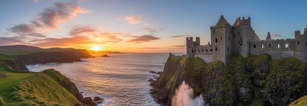 Stone castle perched on a rugged cliff overlooking the ocean at sunset with waves crashing against the rocks and grassy hills on the opposite shore