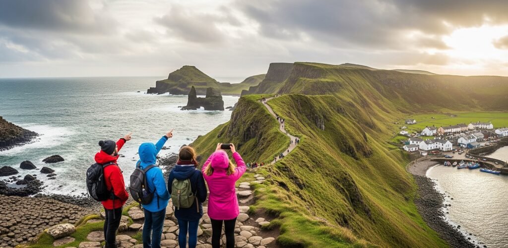 Four hikers in colourful jackets standing on a rocky coastal path, pointing and taking photos towards the sea stacks, with green cliffs and a small village by the water in the background under a cloudy sky