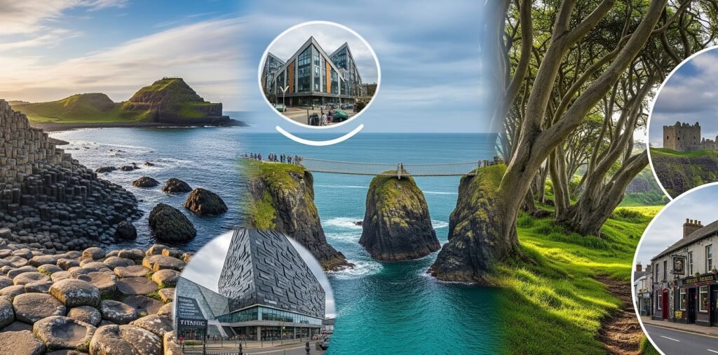 Collage showing the Giant's Causeway with basalt columns on the left, Carrick-a-Rede rope bridge over sea stacks in the centre, a castle ruin among trees on the right, a traditional street with pubs in a circular inset, a modern triangular glass building in another inset, and the Titanic Belfast building in the lower left inset.
