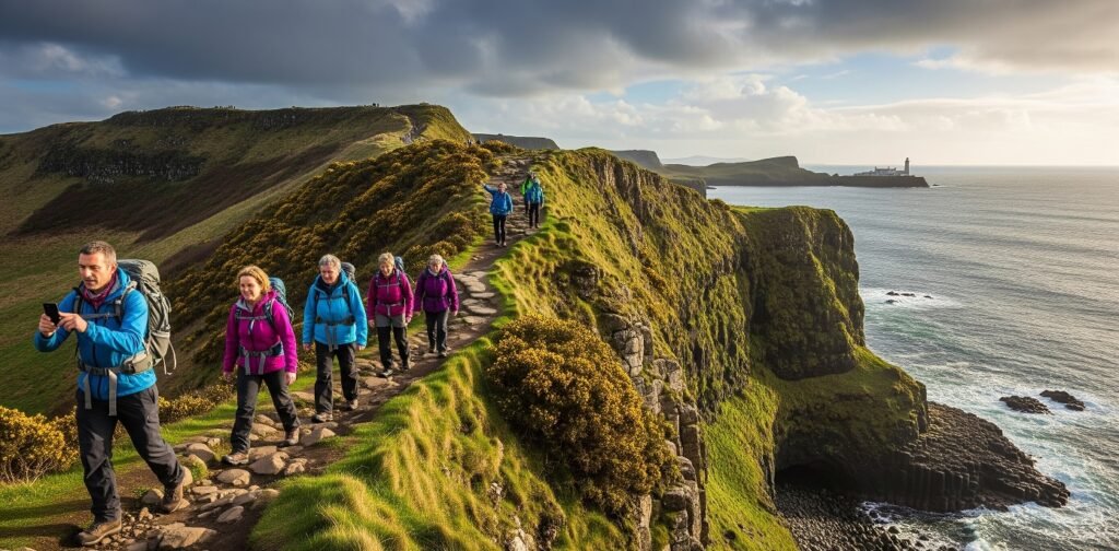 Group of hikers walking on a narrow cliffside path with rugged green hills and a rocky coastline under a partly cloudy sky, a lighthouse visible in the distance over the sea.