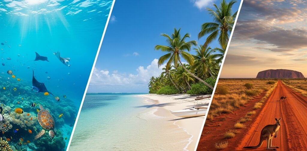 Three-part collage showing underwater scene with sea turtles and rays, a tropical beach with palm trees and white sand, and a red dirt road in the outback with kangaroos and a distant rock formation at sunset.
