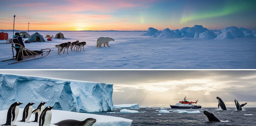Top image shows a person with a dog sled team approaching a polar bear on a snowy landscape with tents and ice formations under a colourful sunset sky. Bottom image depicts penguins and a seal on ice near a large iceberg with a research vessel and whales in the icy ocean under a cloudy sky.