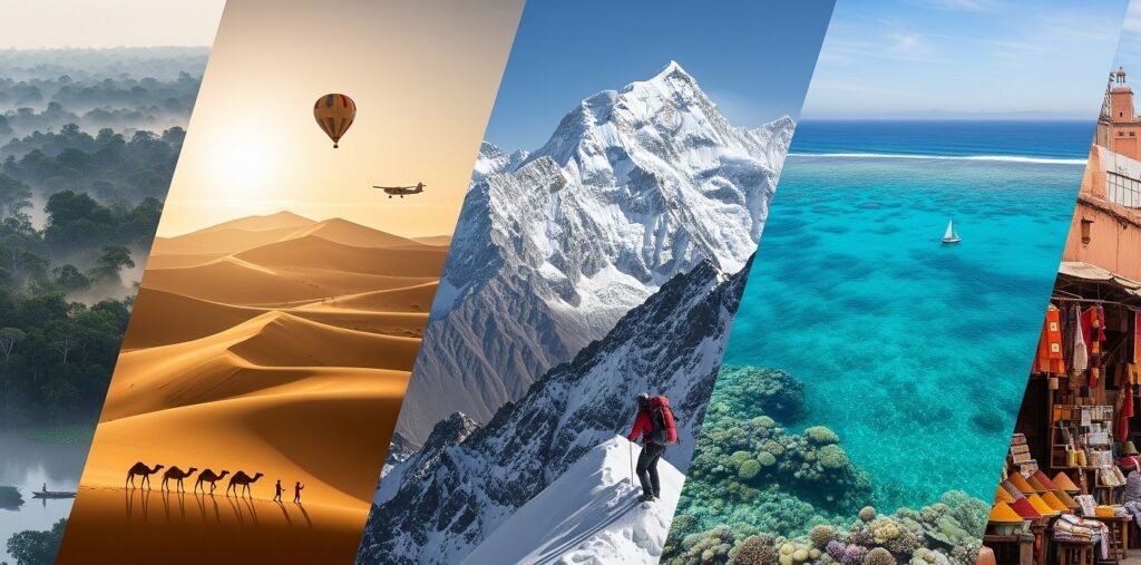 Split image showing five different landscapes: dense forest with mist and a small boat on water, golden desert dunes with camels and hot air balloon, snowy mountain peak with a climber, clear turquoise ocean with coral reefs and a sailboat, and a colorful market street with spices and textiles.