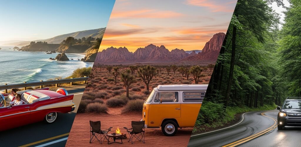 Triptych showing three different road trip scenes: a red convertible driving along a coastal highway at sunset, a yellow camper van next to a campfire in a desert with mountains in the background at dusk, and a car driving on a winding road through a dense green forest.