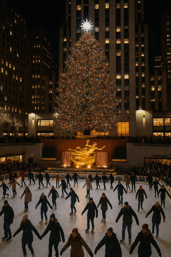 Large outdoor ice skating rink with many people skating at night, a tall, brightly lit Christmas tree decorated with multicoloured lights and topped with a large star, with a golden statue and illuminated buildings in the background.