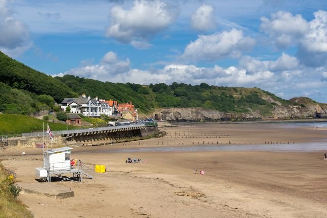 a beach with houses and a body of water