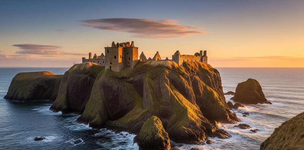 Ancient stone castle ruins on a rugged cliff surrounded by the sea at sunset with golden light illuminating the grass and rocks