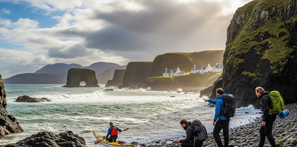 Coastal scene with three hikers on a rocky shore watching a person in a yellow kayak paddling near dramatic cliffs with green grass and white houses in the distance under a cloudy sky
