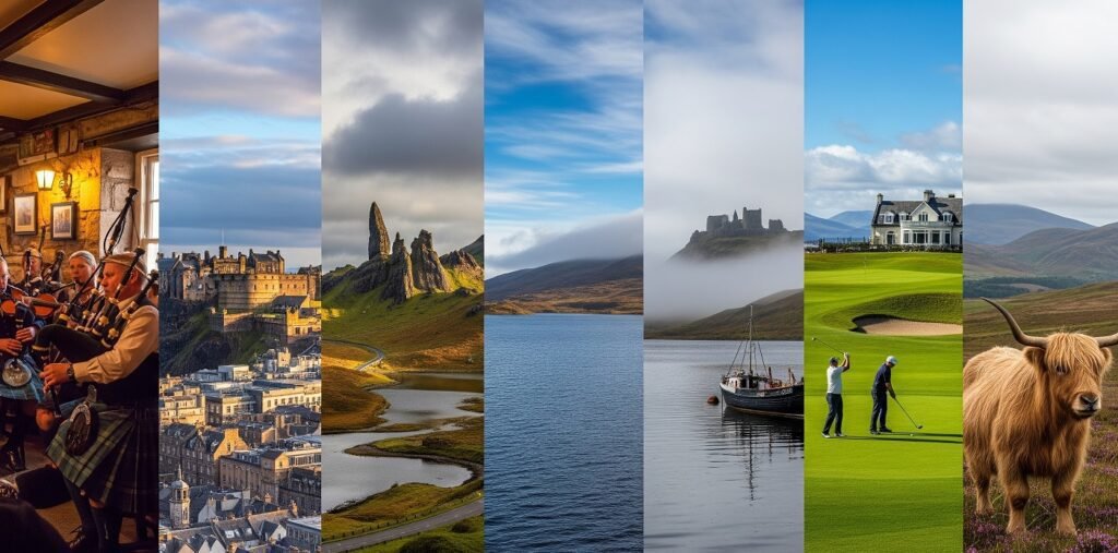 Seven vertical slices showing different iconic Scottish scenes: people playing bagpipes indoors, Edinburgh Castle over a cityscape, the Old Man of Storr rock formation with a winding road, a calm loch under a blue sky, a misty castle on a hill with a boat on water, two golfers on a green near a house and mountains, and a Highland cow standing in a grassy hillside landscape.