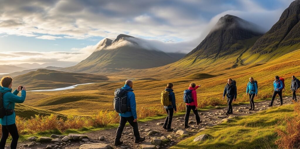 Group of hikers walking along a rocky trail in a mountainous landscape with green and golden hills under a cloudy sky, one person on the left taking a photo of the scenery.