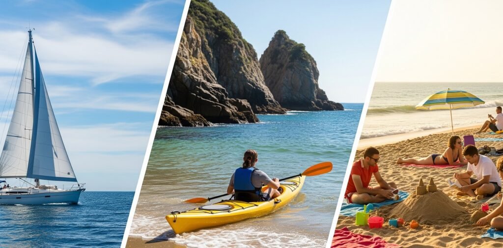 Triptych showing a sailboat on open water under a partly cloudy sky, a person kayaking on a clear sea near rocky cliffs, and a group of people building sandcastles and relaxing on a sunny beach with a striped umbrella.