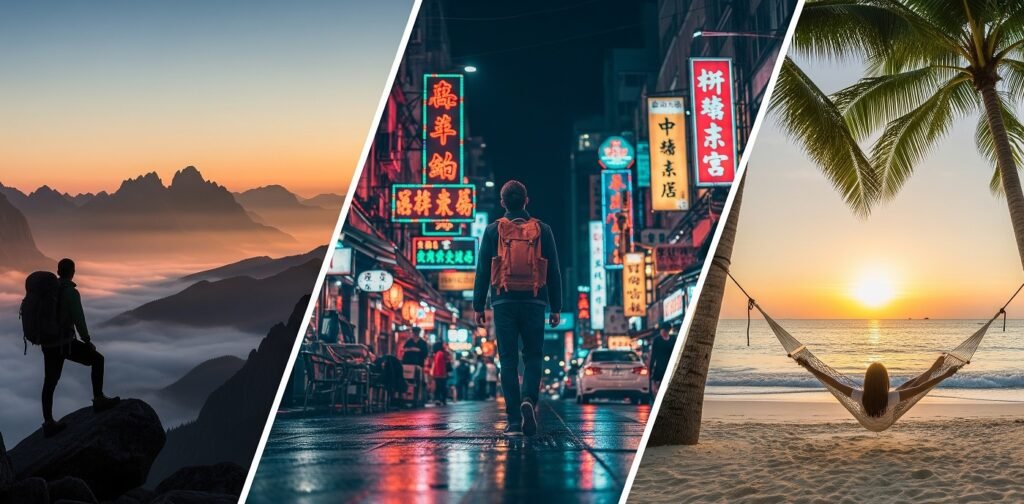 Triptych showing a hiker standing on a rock overlooking fog-covered mountains at sunrise, a person walking through a neon-lit street filled with signs and people at night, and a person relaxing in a hammock between two palm trees on a sandy beach during sunset.