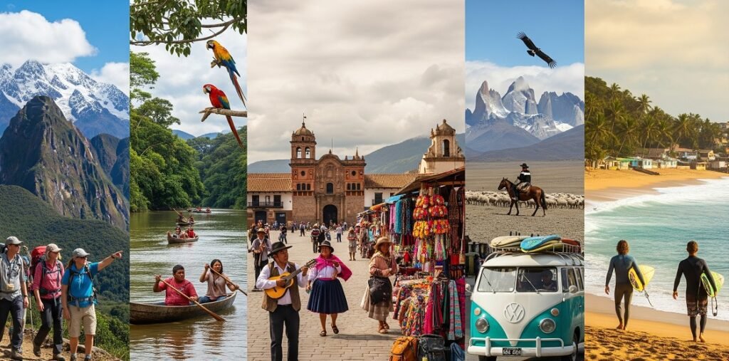 Collage of five vertical images showcasing diverse travel scenes: hikers trekking near snow-capped mountains, people canoeing on a lush river with macaws perched nearby, a lively market and musicians in a historic town square, a rider on horseback in a mountainous landscape with a vintage Volkswagen van in the foreground, and two surfers walking toward a tropical beach with palm trees and gentle waves.