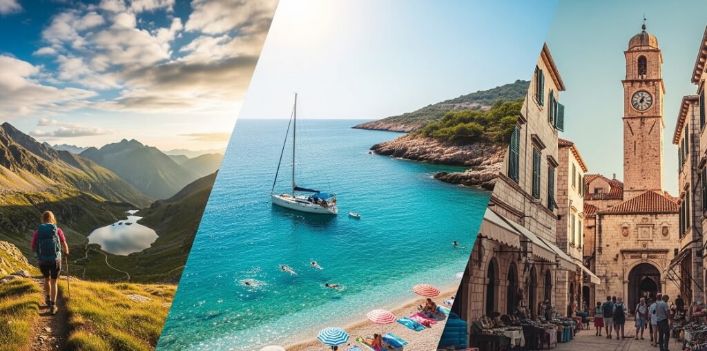 Three-panel collage showing a hiker with a backpack and trekking poles overlooking a mountain valley with a small lake at sunset, a sailboat anchored in clear turquoise waters with swimmers and beach umbrellas on a rocky Mediterranean beach, and a historic European street lined with stone buildings and a clock tower with tourists walking.