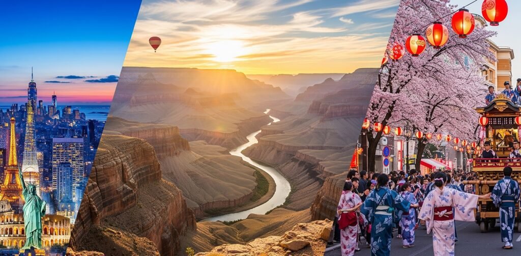 Collage of three images showing iconic landmarks and cultural scenes: a city skyline with famous monuments like the Statue of Liberty, Eiffel Tower, and the Colosseum; a scenic canyon at sunset with a river winding through and a hot air balloon in the sky; and a lively street festival with people in traditional attire and cherry blossom trees with red lanterns overhead.