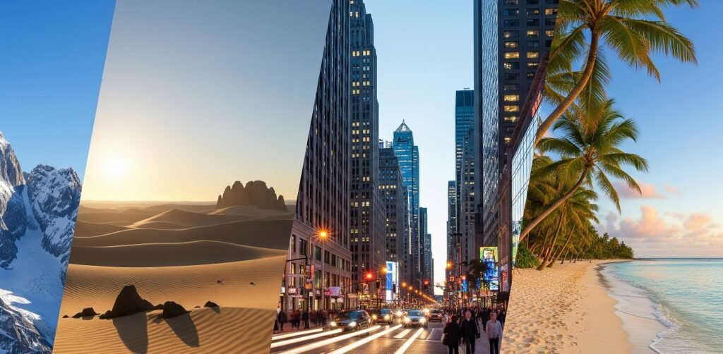 Composite image showing four distinct environments: snowy mountains, sunlit desert dunes, a busy urban street with skyscrapers and traffic at dusk, and a tropical beach with palm trees and clear sea under a partly cloudy sky.