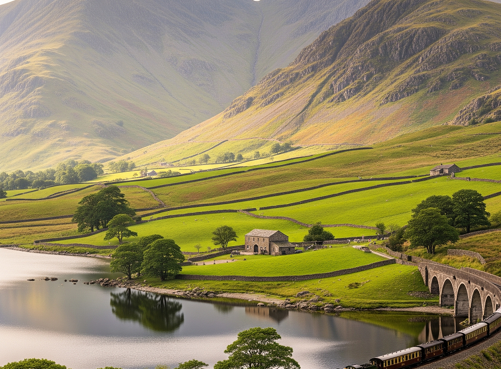 Green rolling hills with dry stone walls and scattered trees beside a calm lake, with a stone bridge on the right and a small stone building near the shore, set against a backdrop of large grassy mountains.