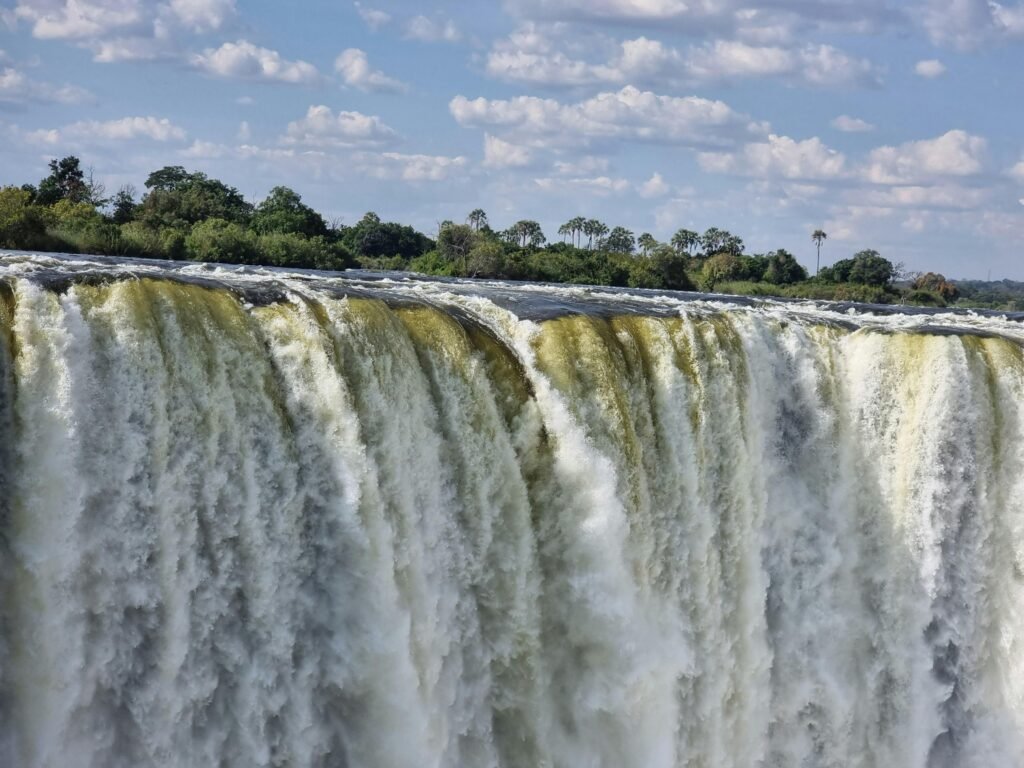 Victoria Falls: A Close-up view of a large, powerful waterfall with water cascading over the edge against a backdrop of green trees and a partly cloudy sky