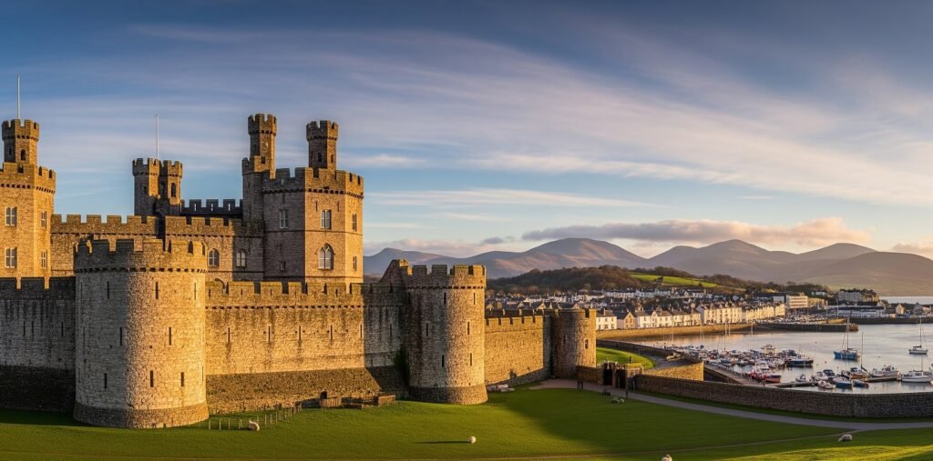 Stone castle with battlements and round towers overlooking a harbour filled with boats, with a town and hills in the background under a partly cloudy sky at sunset.