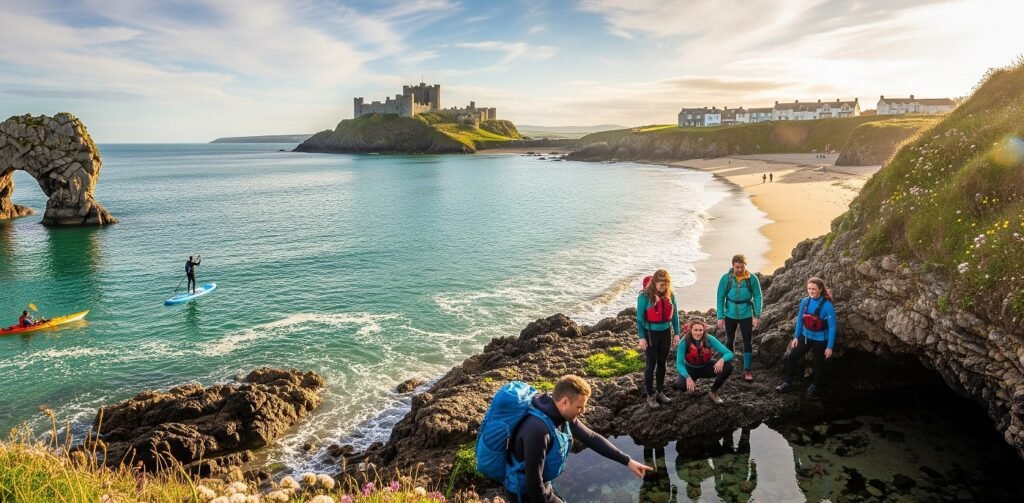 Group of five people in outdoor gear exploring rocky tide pools by the sea with a sandy beach nearby, paddleboarding and kayaking in calm turquoise water, and a castle on a small island in the background under a partly cloudy sky.