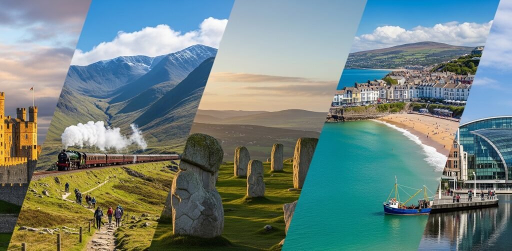 Collage of five images showing a castle with a flag, a steam train traveling through green mountains, ancient standing stones on a grassy hill with a sunset sky, a coastal town with a sandy beach and a fishing boat in turquoise water, and a modern glass building beside a waterfront with people walking on a promenade.