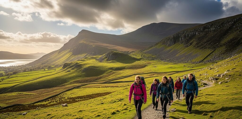 Group of hikers walking on a trail through green rolling hills with a mountainous landscape and partly cloudy sky in the background during daylight
