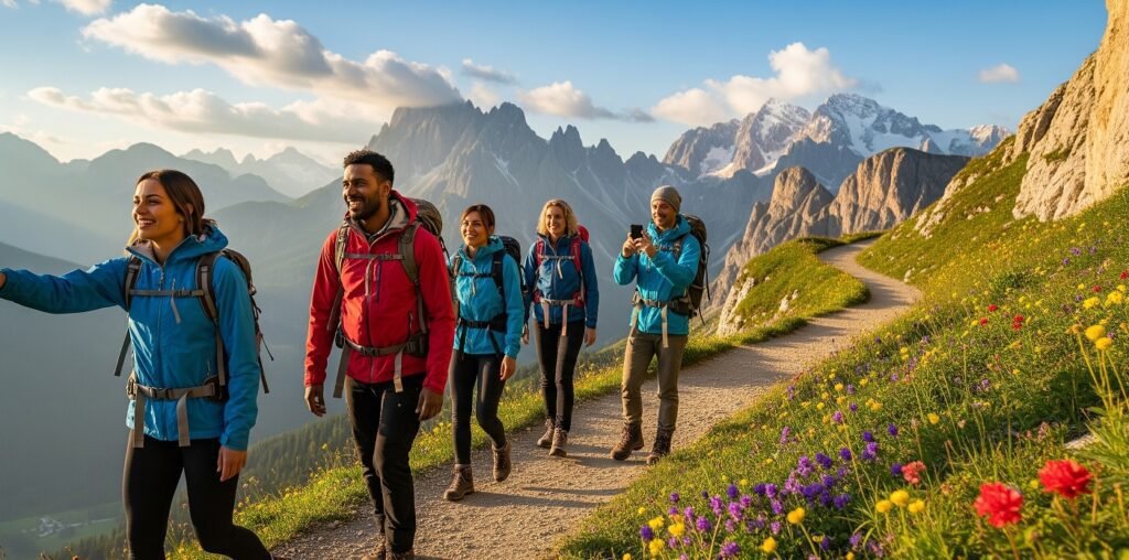 Group of five hikers walking on a mountain trail surrounded by wildflowers with rocky peaks and snow-capped mountains in the background under a partly cloudy sky.
