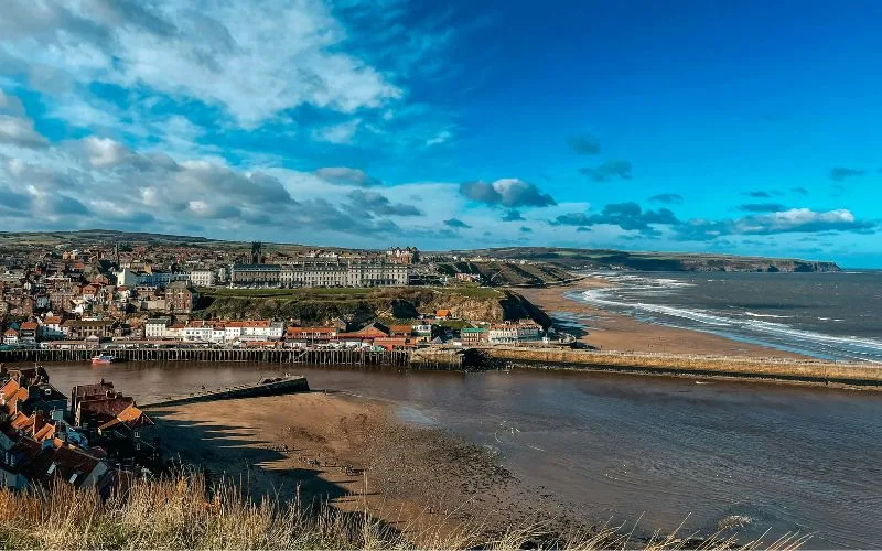 a beach with buildings and a body of water