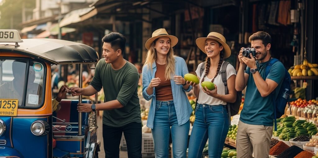 Four young tourists at a busy outdoor market, with one taking a photo, two women holding mangoes, and a man interacting with a tuk-tuk driver.