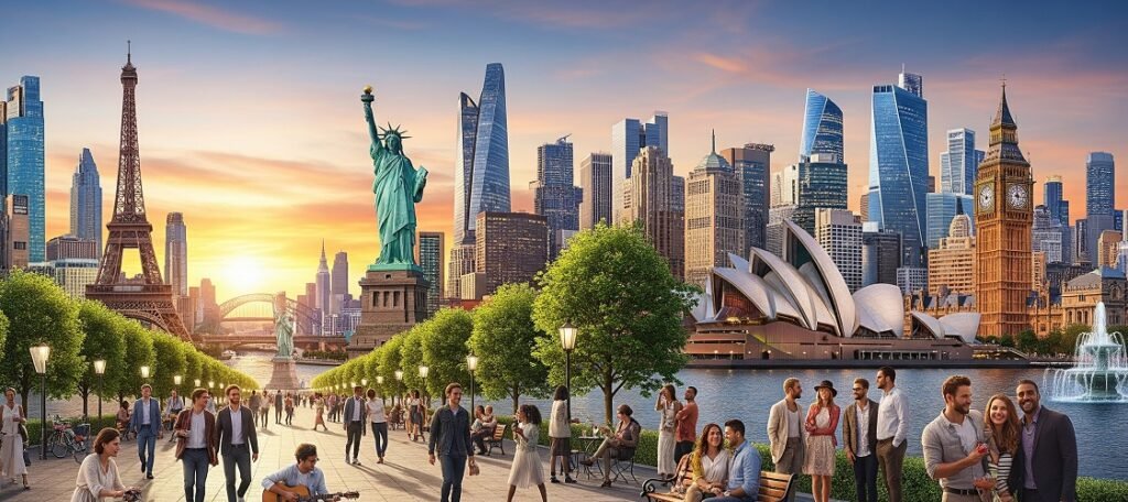 Composite cityscape featuring iconic landmarks such as the Eiffel Tower, Statue of Liberty, Sydney Opera House, and Big Ben with people walking and socialising in a park setting at sunset.