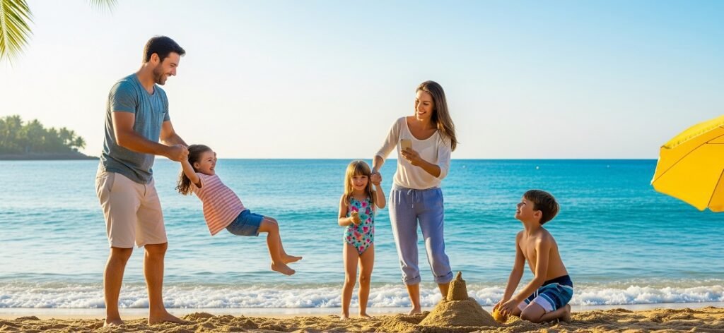 A family of two adults and three children enjoying a sunny beach day, with the father swinging a young girl by her arms, the mother holding the hand of another girl in a swimsuit, and a boy kneeling by a sandcastle near the shore under a clear blue sky.