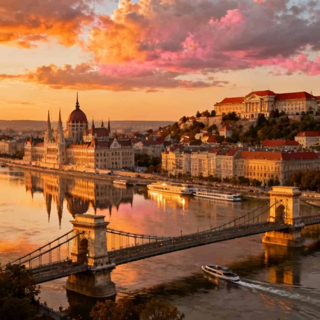 Sunset view of the Chain Bridge over the Danube River with the Hungarian Parliament Building and Buda Castle in the background reflecting on the water in Budapest, Hungary.