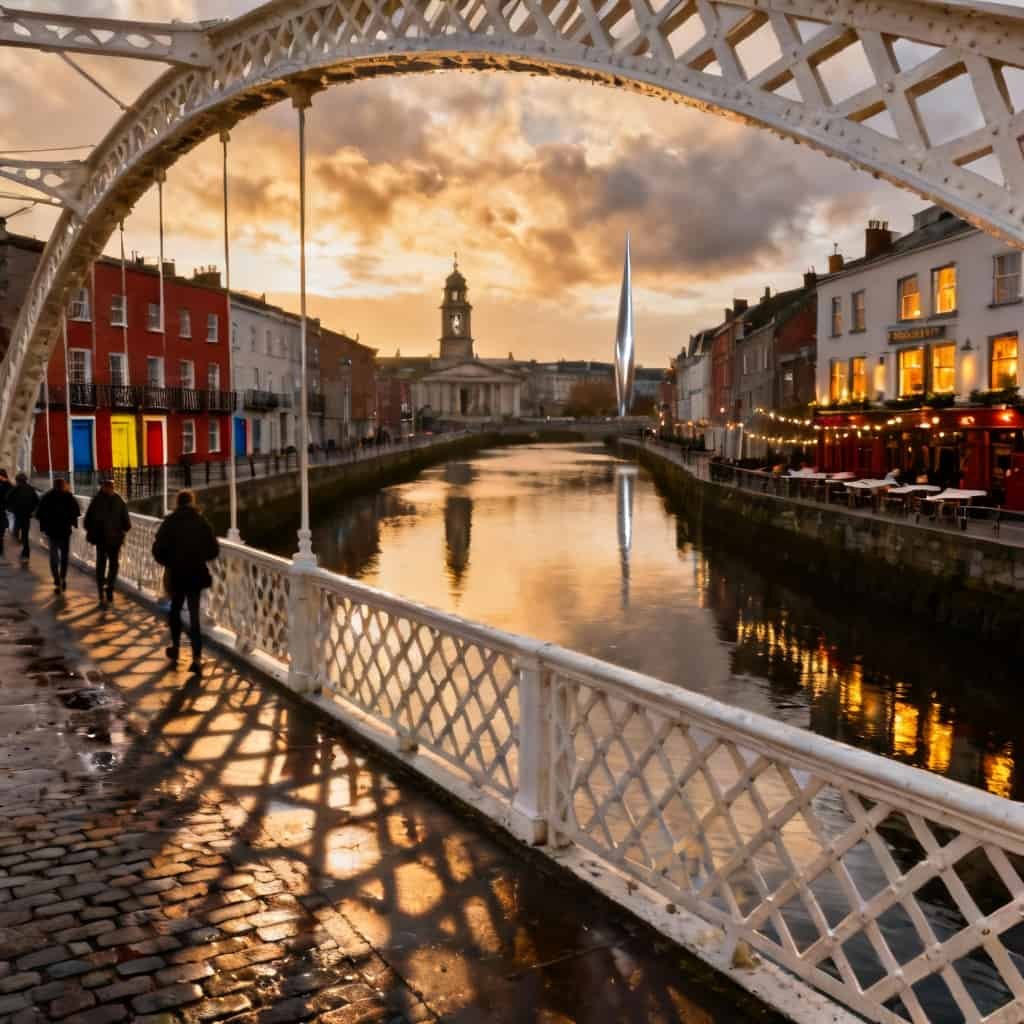 View of a river with historic buildings on both sides at sunset, pedestrians walking on a white lattice iron bridge in the foreground, and a tall modern metallic sculpture near a clock tower in the background reflecting in the water.