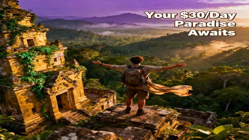 Person with backpack and flowing scarf standing on ancient temple ruins overlooking a lush jungle valley at sunrise with text saying Your $30/Day Paradise Awaits