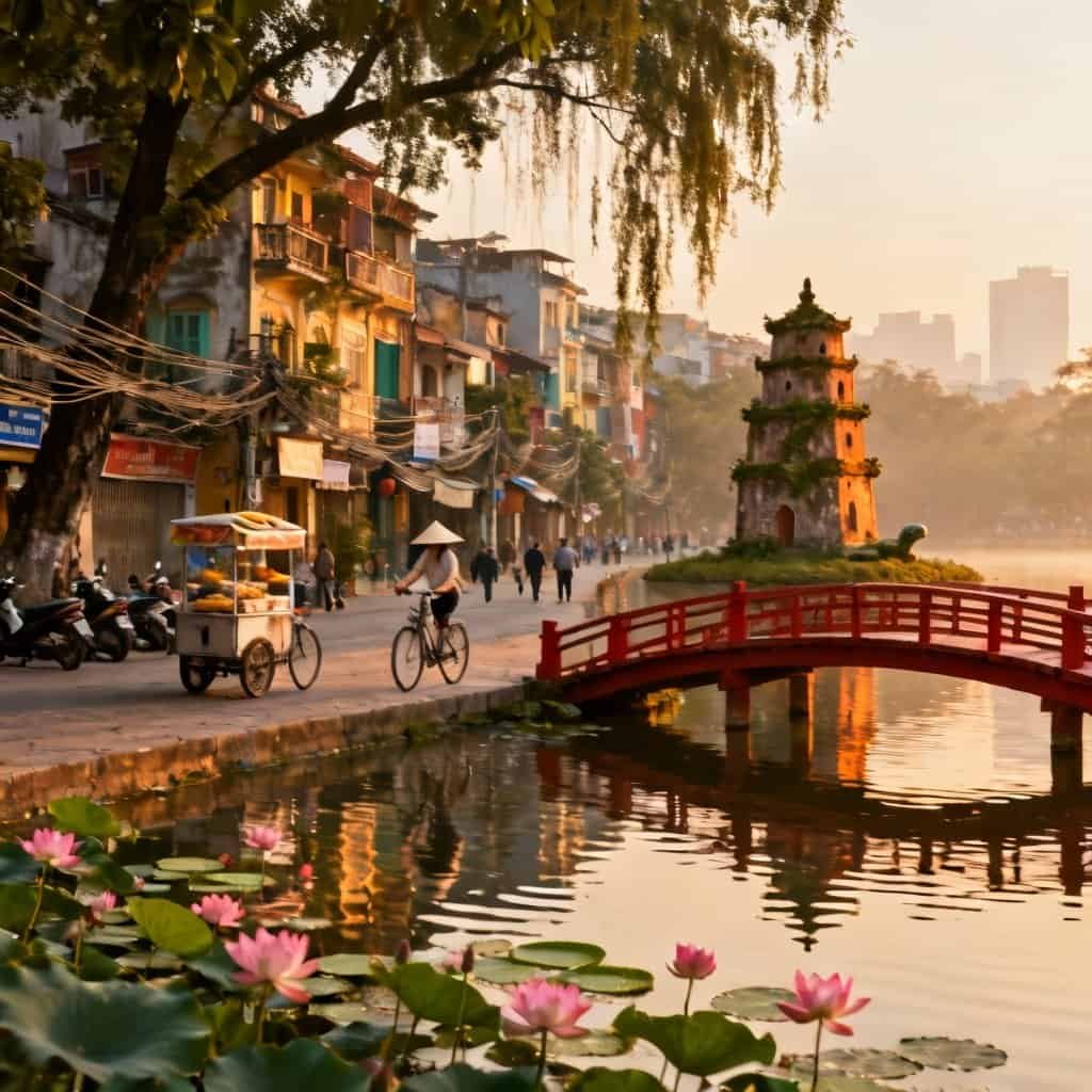 Sunlit street along a lake with pink lotus flowers in the foreground, a small red wooden bridge crossing the water, a traditional multi-tiered stone pagoda on a grassy islet, and people cycling and walking near colorful buildings under a large tree at sunset.